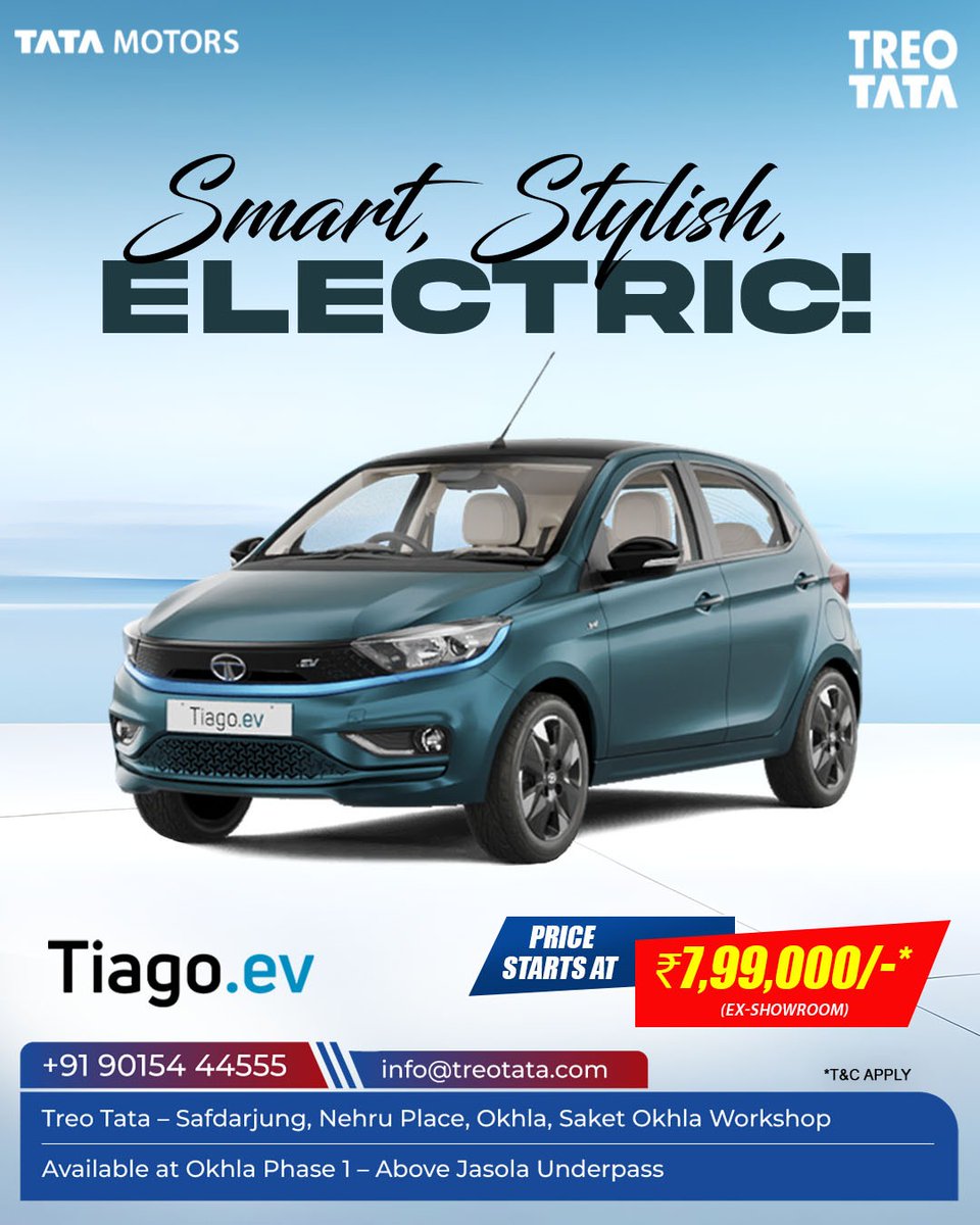 TreoTata's tweet photo. ⚡ Drive into the Future with the Tata Tiago EV!

Highlights:
✨ Modern design with vibrant color options
✨ Efficient electric performance for zero-emission 
        drives
✨ Spacious interiors with advanced features
✨ 4-star Global NCAP safety rating https://t.co/roNARq78yN