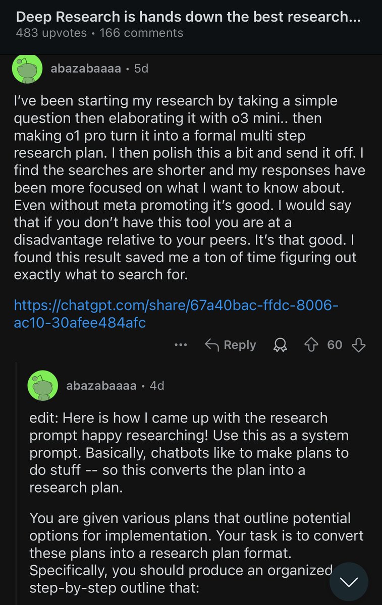 deedydas's tweet photo. Reddit user metaprompts a simple question to o3 mini then o1 pro then Deep Research and gets incredible results.

It built a ~10,000 word software architecture design on making a Python interpreter in Kubernetes.

The answer is better than 99% of tech teams, imo.

Link to it: https://t.co/vgoVup2wEc