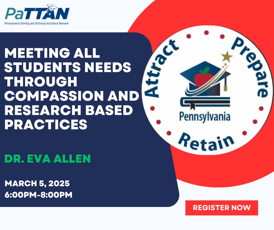 Calling ALL Educators 📢📢📢 Join us for our upcoming ES Teacher Networking session with Dr. Eva J. Allen   Her session will focus on Meeting ALL students needs through compassion and research based practices on March 5.  Register here: pattan.net/Events/Webinar… <a href="/pattanupdates/">PaTTAN</a>