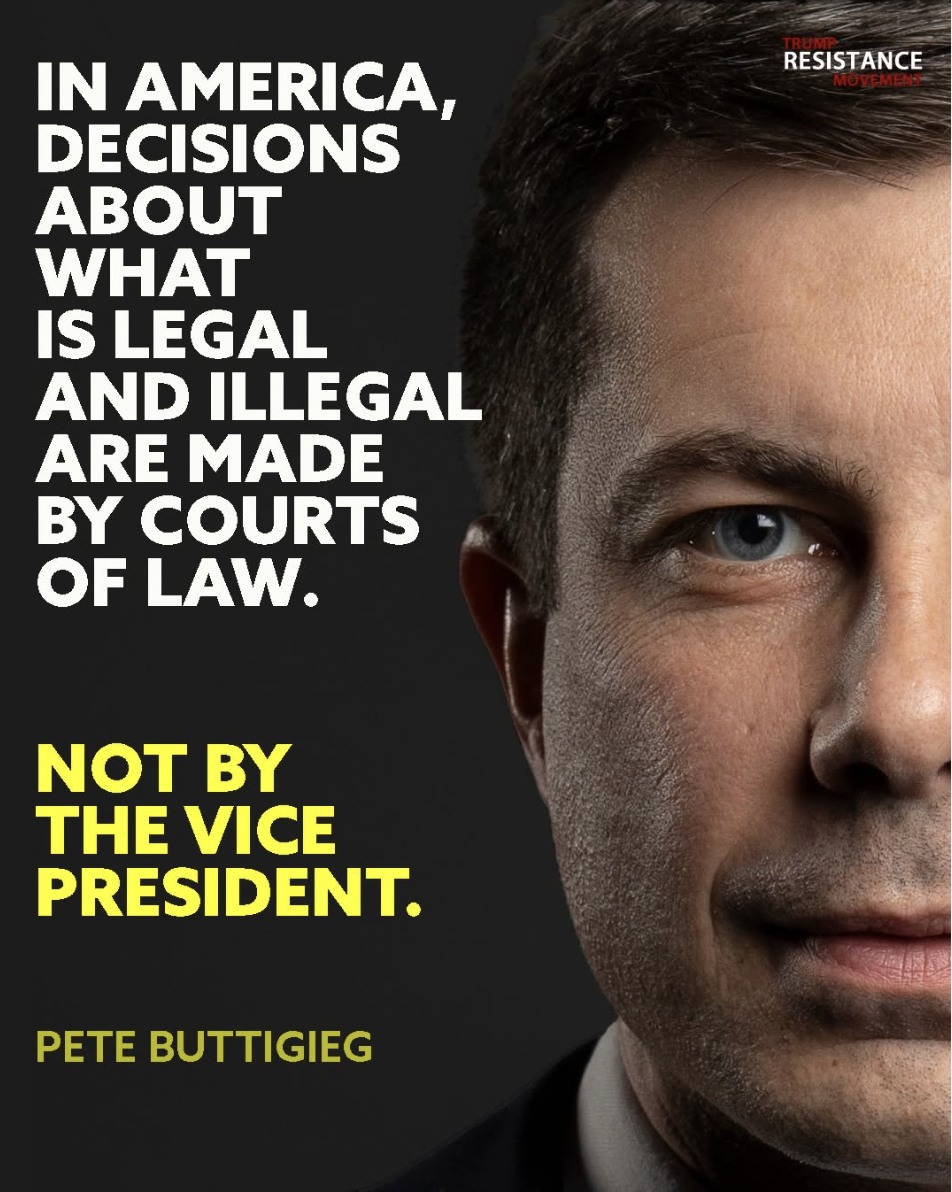 NebraskaDems's tweet photo. "If a judge tried to command the attorney general in how to use her discretion as a prosecutor, that's also illegal. Judges aren't allowed to control the executive's legitimate power." - VP JD Vance

Former Secretary Pete Buttigieg responded in kind. Thank you, Pete! #NebDem https://t.co/RQQD3hRzjc
