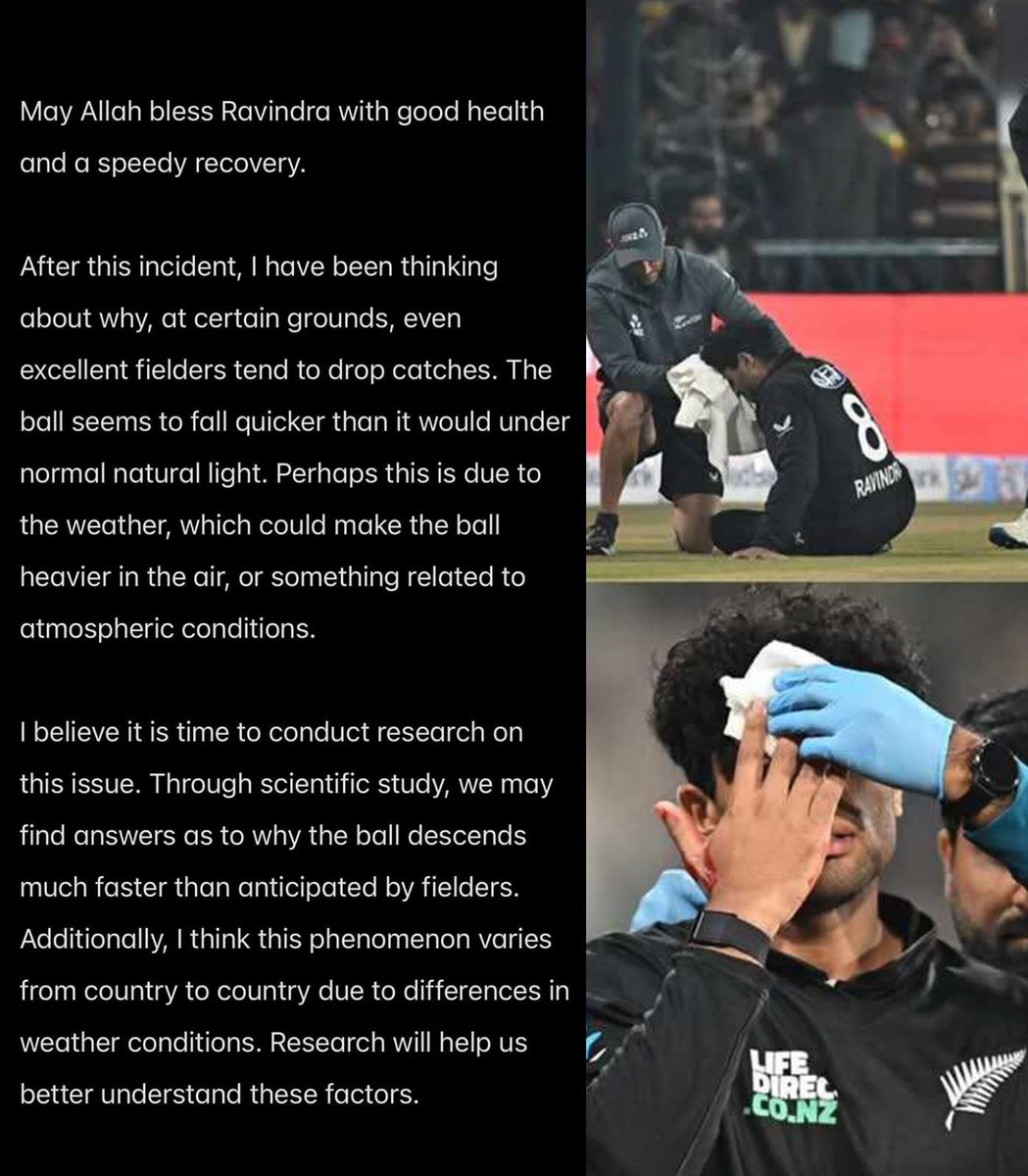 Mushy_online's tweet image. May Allah bless Ravindra with good health &amp;amp; a speedy recovery. This incident got me thinking- why do even top fielders drop catches at certain grounds? The ball seems to fall quicker under lights, maybe due to weather or atmospheric conditions. Time for research to find answers.