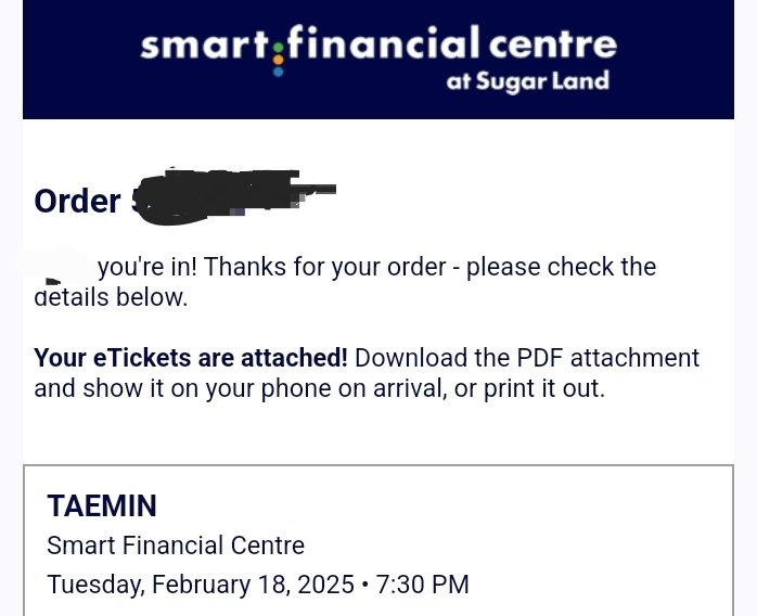 (pls rt!!)

wts 1 ticket for taemin in houston / sugar land texas at smart financial centre on 2/18
section: 105
price: $150 (less than face value)

selling since i can't travel to houston 🥲
pls dm if interested - serious inquiries only !!