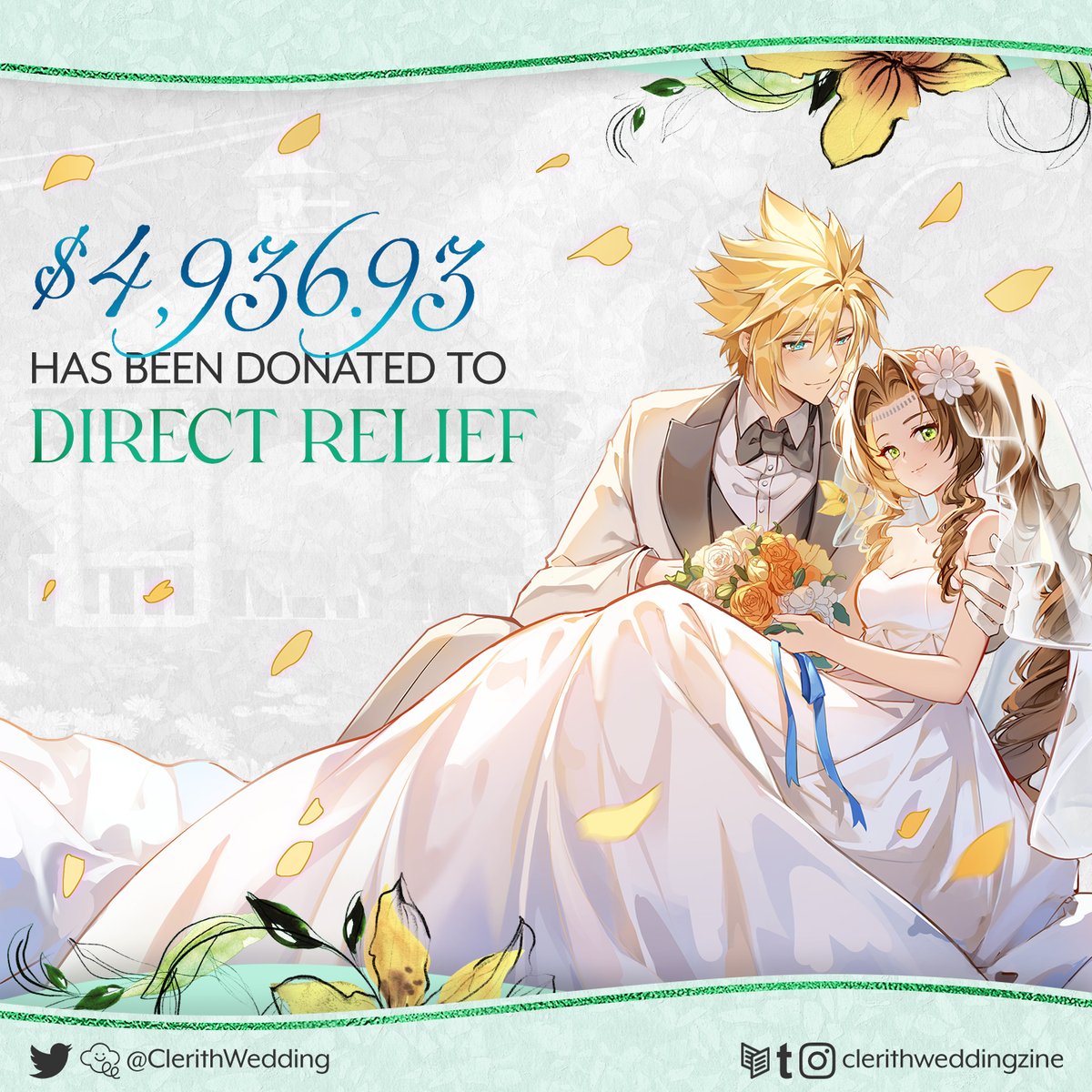 ClerithWedding's tweet photo. 💒 DONATION MADE

Our donation to DIRECT RELIEF has been made!

With your support, we were able to donate $4,936.93 towards crisis relief. We sincerely thank you for your support and for joining Cloud and Aerith in their happily ever after 💖 https://t.co/qs7PHCZQKW