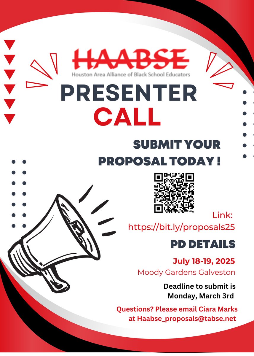 Ciara Marks, M.Ed (@thepolisheedu) on Twitter photo 🚀 Submit your proposal today! Click here (bit.ly/proposals25) or scan the QR code.
⏳ Deadline: Monday, March 3rd
📧 Questions? Contact Ciara Marks at Haabse_proposals@tabse.net
Don’t miss this opportunity to elevate
education and inspire change! 🚀 Submit your proposal today! Click here (bit.ly/proposals25) or scan the QR code.
⏳ Deadline: Monday, March 3rd
📧 Questions? Contact Ciara Marks at Haabse_proposals@tabse.net
Don’t miss this opportunity to elevate
education and inspire change!