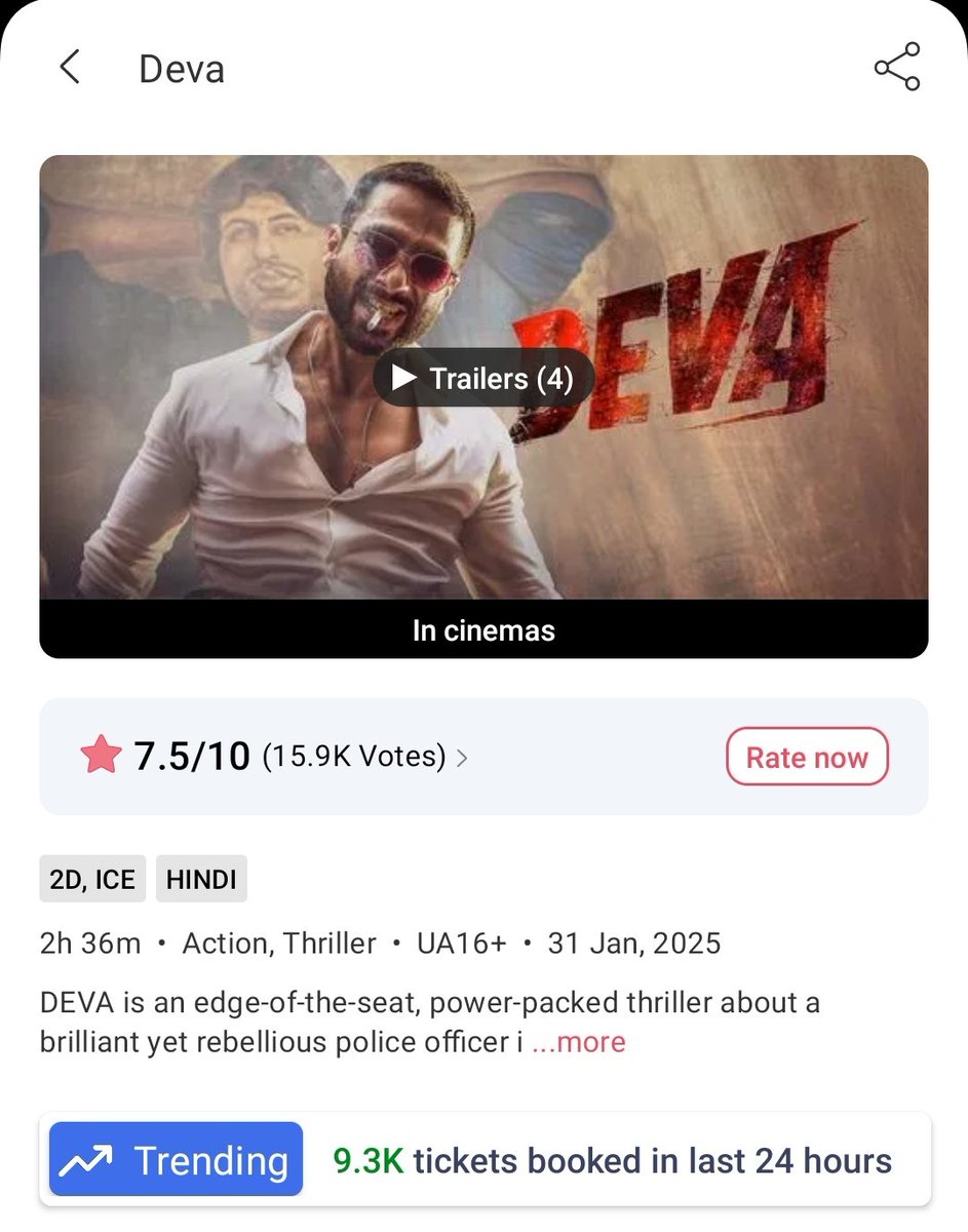 Prabhakar0295's tweet photo. #Deva Day 11 (Monday) booking: 9.3k tickets 🎟️ sold on bookmyshow.
#ShahidKapoor #PoojaHegde #Poojahedge #devateaser #Devaon
#Devafromjan31 #KubbraSait https://t.co/KZnTi4CDQf