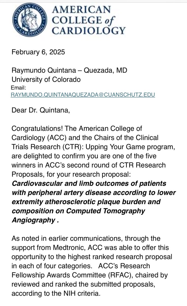 Raymundo A. Quintana, MD (@raquintmd) on Twitter photo This is an amazing way to kick off 2025—with my first grant! Huge thanks to the <a href="/ACCinTouch/">American College of Cardiology</a>, my mentors Drs. Marc Bonaca and Daniel Matlock, and the incredible team at CPC Clinical Research. Grateful for this opportunity! This is an amazing way to kick off 2025—with my first grant! Huge thanks to the <a href="/ACCinTouch/">American College of Cardiology</a>, my mentors Drs. Marc Bonaca and Daniel Matlock, and the incredible team at CPC Clinical Research. Grateful for this opportunity!