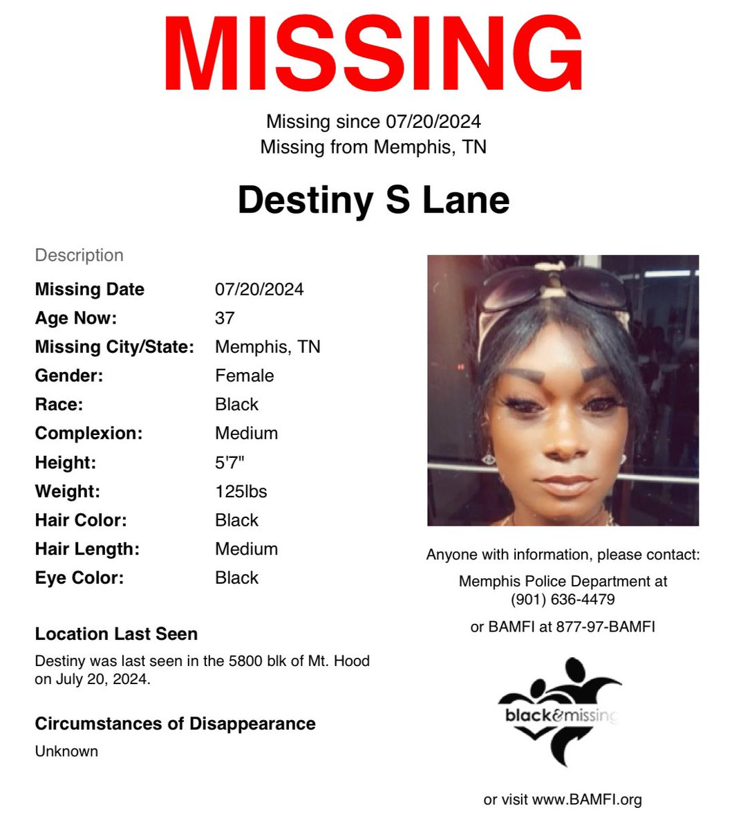 BAM_FI's tweet photo. #Memphis, #TN: Now 37y/o #DestinyLane is STILL MISSING. She was last seen in the 5800blk of Mt. Hood on July 20, 2024. She has a large Memphis tattoo across her shoulder blades. 

Someone knows SOMETHING. Have info? Contact the Memphis PD or visit https://t.co/pBIAMWSS2P. https://t.co/mSnJEjRIXe