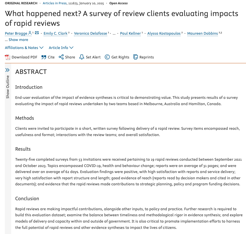 BehaviourWorksA's tweet photo. #RapidReviews contribute to both strategic planning and policy and program funding decisions. Recipients of rapid reviews in Canada and Australia were invited to complete a survey on the reach and usefulness of rapid reviews, amongst other areas.

The researchers, including Peter Bragge, Veronica Delafosse and Paul Kellner, concluded that "rapid reviews are making impactful contributions, alongside other inputs, to policy and practice."

Read the research: https://t.co/6jbA83HIK2

#MakeChangeHappen, contact us about partnering on your project or explore our courses.
https://t.co/Drch4cM34Y

#BehaviouralScience #BeSci #SBC #BehaviourChange #BehavioralScience