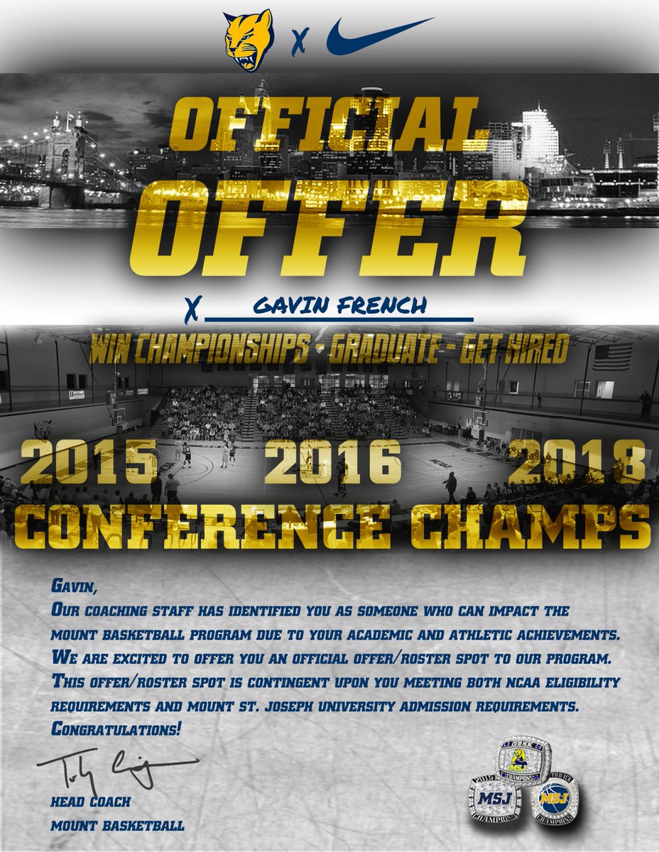 Excited to receive my first offer to play basketball at Mount St. Joseph University! Thank you to the entire coaching staff for the opportunity! 
<a href="/smbauman22/">Scott Bauman</a> <a href="/Coach_Wagoner/">Ryan Wagoner</a>