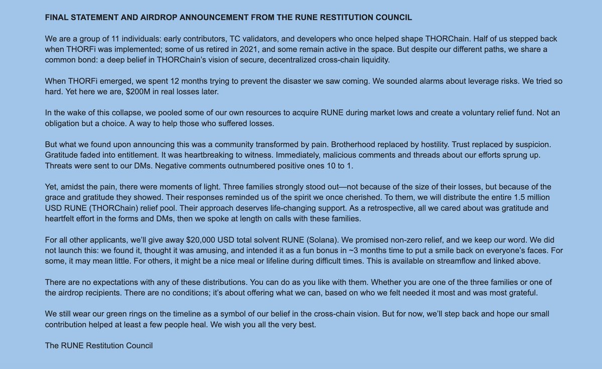 $RUNE Restitution Council Final Announcement And Airdrop

Funds have been distributed. All families receiving a large gift now have these funds in their accounts. Small fish receiving the fun airdrop can claim it here: app.streamflow.finance/airdrops/solan…

Full details. RT for awareness:
