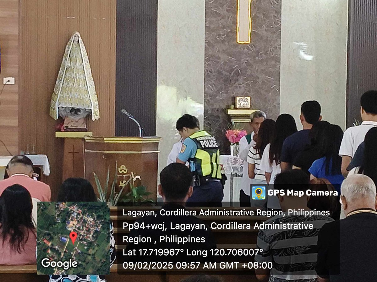 PNPAbraLagayan's tweet photo. On February 9, 2025 at 9:06 AM, personnel of Lagayan MPS led by PCMS Jerome Pineda, attended the Eucharistic celebration and provided a police presence and assistance at San Isidro Labrador, Parish Church located at Poblacion, Lagayan, Abra. https://t.co/NuEBJFD0PC