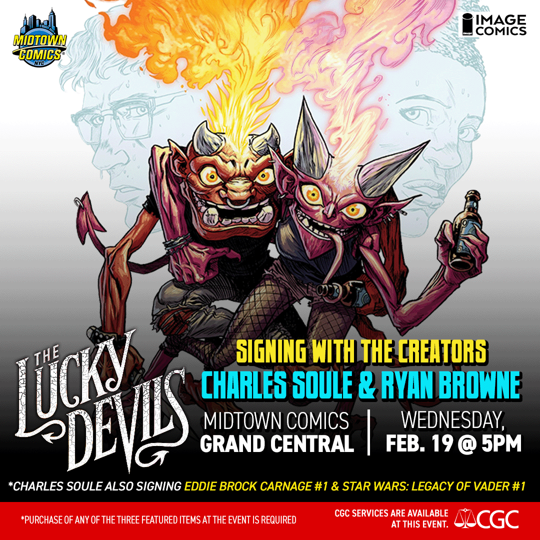 MidtownComics's tweet photo. The basic INFO:
๐WHO: Charles Soule + Ryan Browne
๐WHERE: Midtown Comics GRAND CENTRAL
๐WHEN: WED FEB 19 @ 5 pm
๐WHAT: Signing for The Lucky Devil
#nyc #grandcentral @charlessoule #ryanbrowne #comicbookshop #comicbooksigning #comicartist #nycsigning #imagecomics https://t.co/4MKhcIdARw