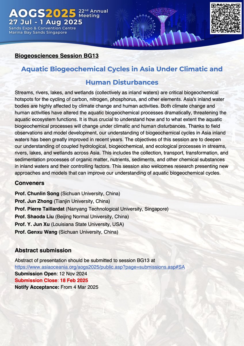 SongChunlin's tweet photo. Final week for submission! Join us at AOGS 2025 in Singapore (July 27–Aug 1)! We’re hosting a session on “Aquatic Biogeochemical Cycles in Asia Under Climatic and Human Disturbances.” Submit your work by Feb 18, 2025. #AOGS2025 #Biogeochemistry https://t.co/1e0jAoOj2D https://t.co/U7o0K30Ra9
