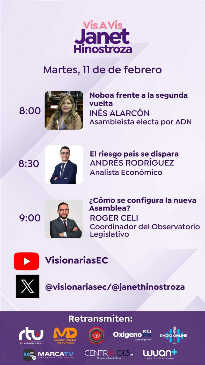 Martes en #VisaVisconJH con Janet Hinostrosa nos acompañan: 

🎙️@InesAlarconB 
🎙️<a href="/arodrigueze9/">Andrés Rodríguez Estrada</a> 
🎙️<a href="/RogerCeli1/">Roger Celi Pérez</a> 

bit.ly/Visionarias-yo
