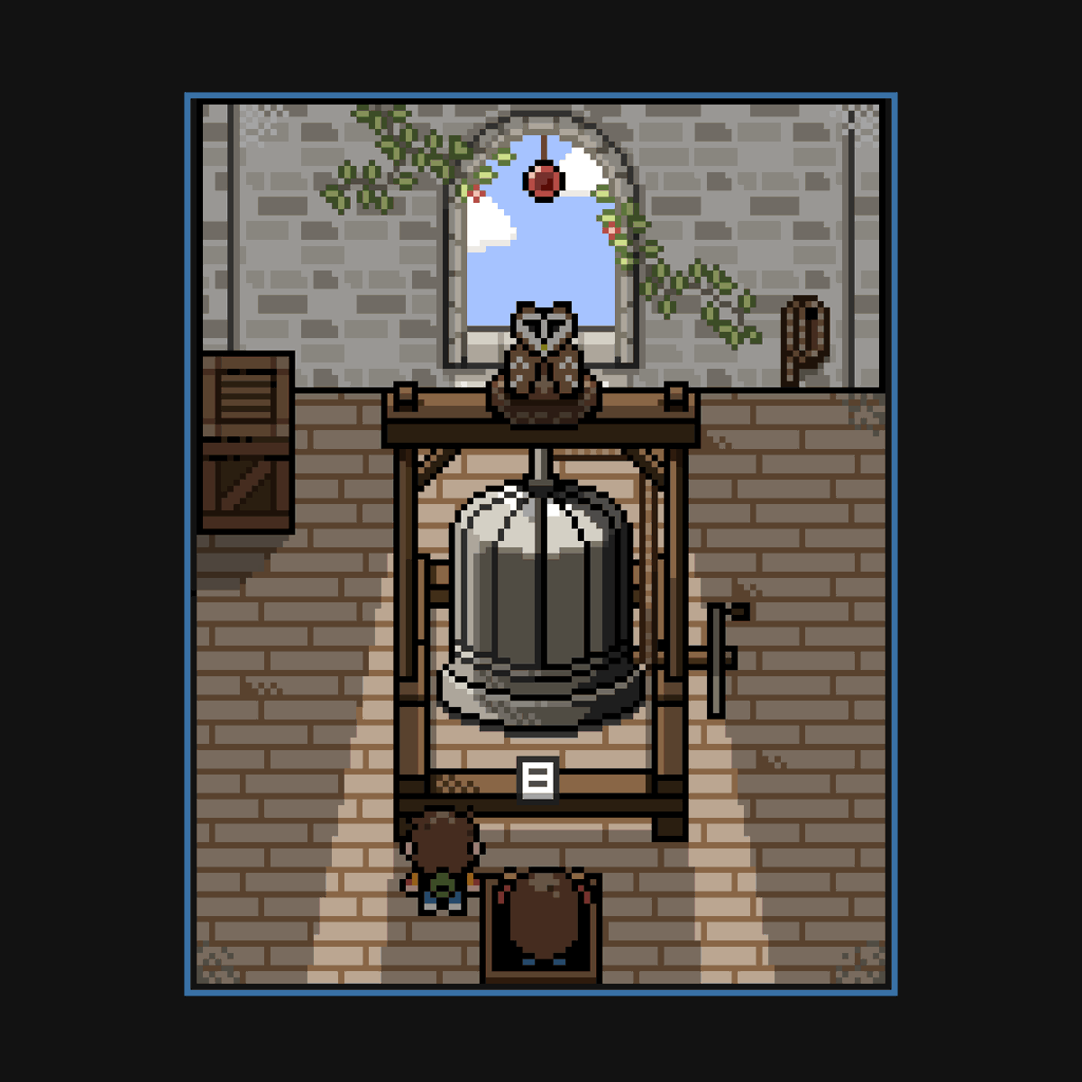LoamBrownGames's tweet photo. It sucks that this owl nested on the church bell, cause no one can ring that bad boy any more. But he is like, super cute, and we to need respect that. If you're climbing the bell tower in a Town with No Name, remember to be polite and respect this hooty man. Happy Monday! 

 #pixelart #indiedev #gameboy