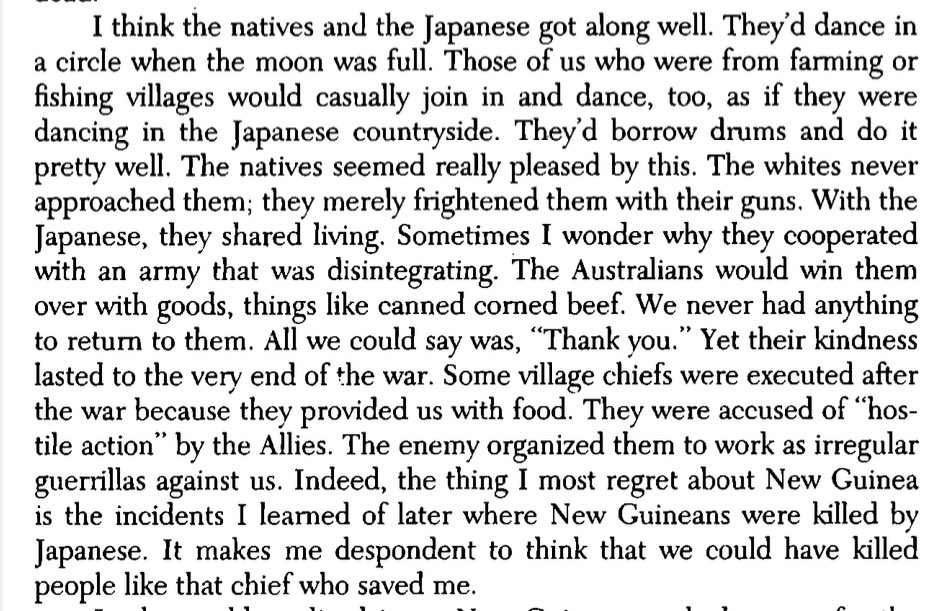 Satanta19's tweet photo. New Guinea was a terrible experience for the Japanese: besides the heat &amp; constant rain, severed supply lines left them starving and turning to cannibalism. 

But Ogawa Masatsugu, who fought there for three years, recalls evenings spent dancing under moonlight with the natives. https://t.co/GY5b3rFKqo