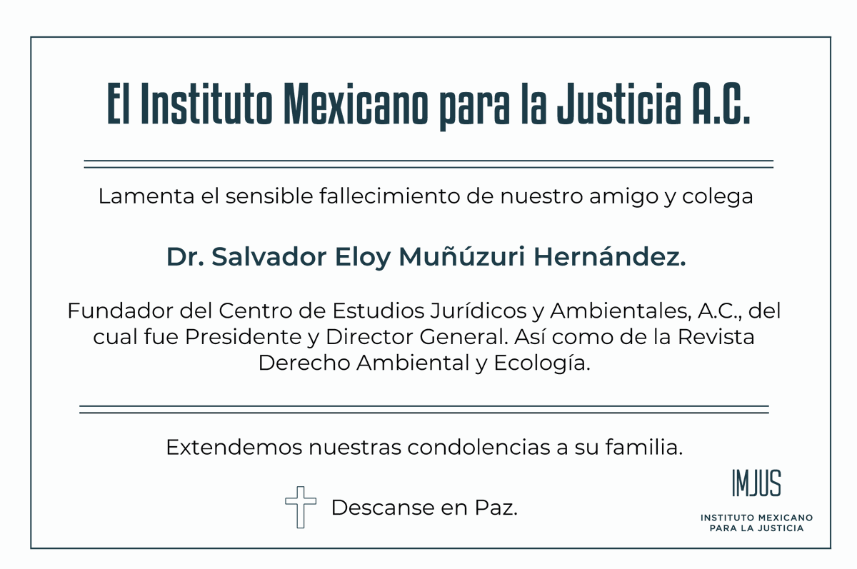 imjus_ac's tweet photo. Lamentamos el sensible fallecimiento de nuestro amigo y colega el Dr. Salvador Eloy Muñuzuri Hernández.
Fundador del Centro de Estudios Jurídicos y Ambientales, A.C.
Descanse en Paz. https://t.co/ZyDBM5uEni