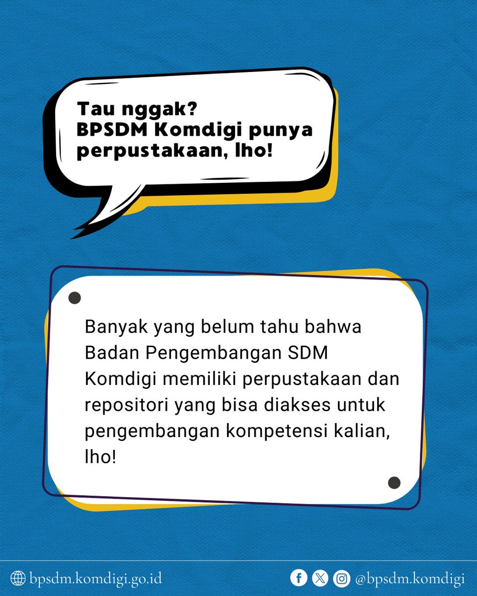 bpsdmkomdigi's tweet image. Sobat Digizens lagi ikut pelatihan atau beasiswa dari BPSDM Komdigi?
Butuh tambahan buku referensi untuk tugas kuliah, pelatihan, atau
sekadar mau baca novel?
Yuk, datengin Perpustakaan BPSDM Komdigi sekarang!
#bpsdmkomdigi #perpustakaan #repository #kemkomdigi