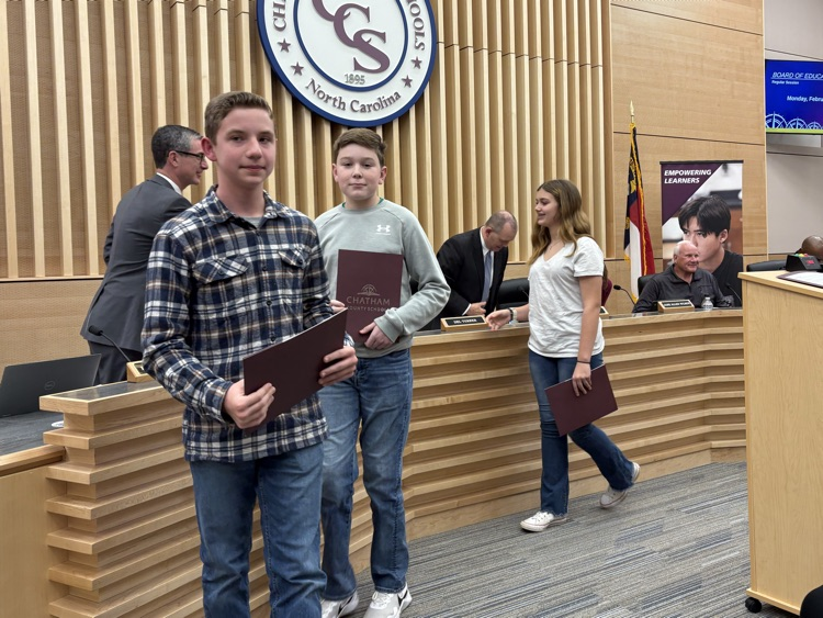 We had several recognitions at the Board of Education meeting today.  First, teachers who exceeded growth last year on state testing.  Then, our 7th grade students who were awarded the Champions of Character award for January!  #onechatham .#dragonsonfire #CCSSHINE