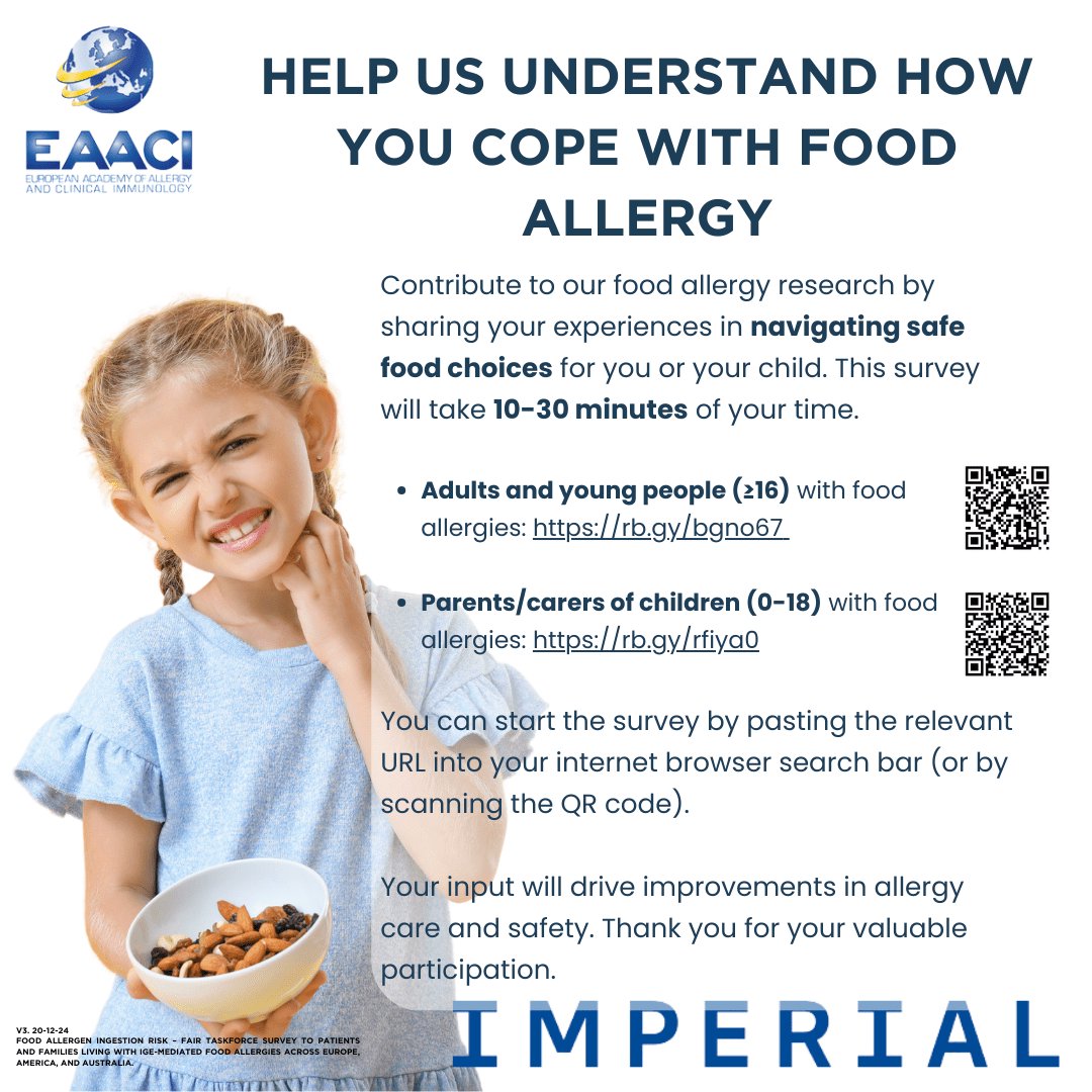 National Allergy Centre of Excellence (@naceresearch) on Twitter photo Do you or your child have #foodallergy? Take part in a new global survey: ‘Keeping safe with food allergy’.
Share your experiences with <a href="/ImperialMed/">Imperial Medicine</a> & <a href="/EAACI_HQ/">EAACI</a> researchers:
👉 Age 16+: rb.gy/bgno67
👉 Parents/carers: rb.gy/rfiya0
<a href="/allergysurvey25/">Food Allergy Survey 2025</a> #Allergy Do you or your child have #foodallergy? Take part in a new global survey: ‘Keeping safe with food allergy’.
Share your experiences with <a href="/ImperialMed/">Imperial Medicine</a> & <a href="/EAACI_HQ/">EAACI</a> researchers:
👉 Age 16+: rb.gy/bgno67
👉 Parents/carers: rb.gy/rfiya0
<a href="/allergysurvey25/">Food Allergy Survey 2025</a> #Allergy