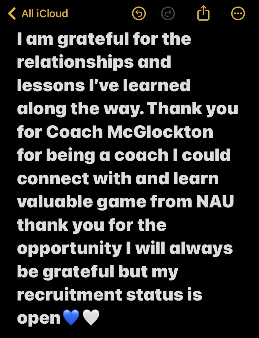 First off I want to thank God for blessing me with the talent &amp; ability to play this game that I love. I appreciate the coaching staff for believing in me. With NAU program being Discontinued I will be entering the Transfer Portal with 3yrs of eligibility left #AGTG #Psalms46:1