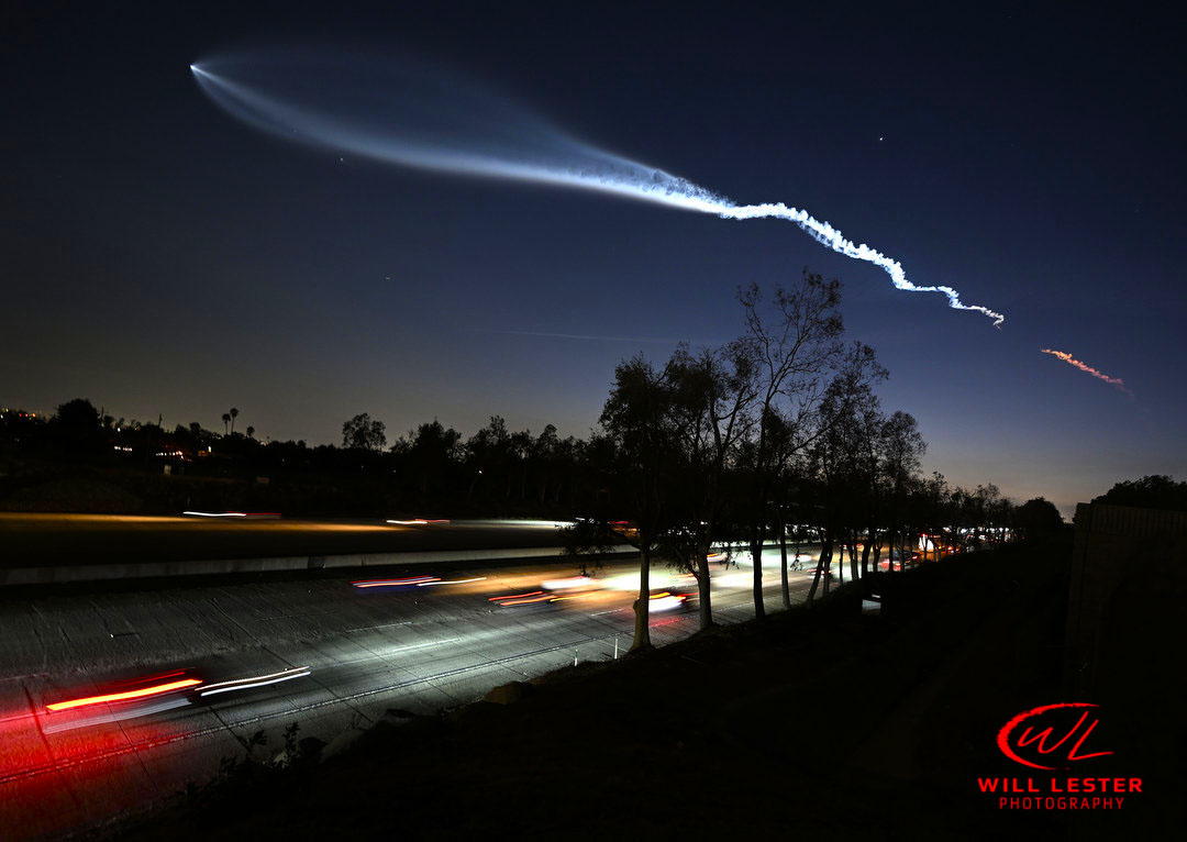 A <a href="/SpaceX/">SpaceX</a> Falcon 9 rocket soars toward space carrying 23 Starlink satelites as cars head westbound on the 210 Freeway in #RanchoCucamonga after launching from Vandenberg SFB
