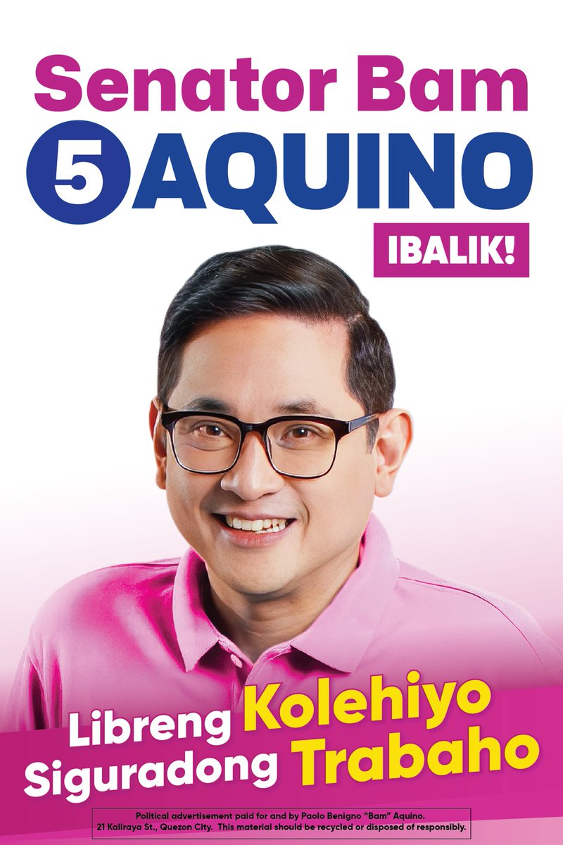 bamaquino's tweet image. LIBRENG KOLEHIYO, SIGURADONG TRABAHO! BAM AQUINO SA SENADO!

Nagawa na nating Libre ang Kolehiyo sa Pilipinas. Ngayon, mas palalawakin pa natin ito - libreng pabaon, dagdag scholarship, at dagdag pondo - at isusulong ang Siguradong Trabaho para sa bawat Pilipino! 🇵🇭

#5AquinoBam…