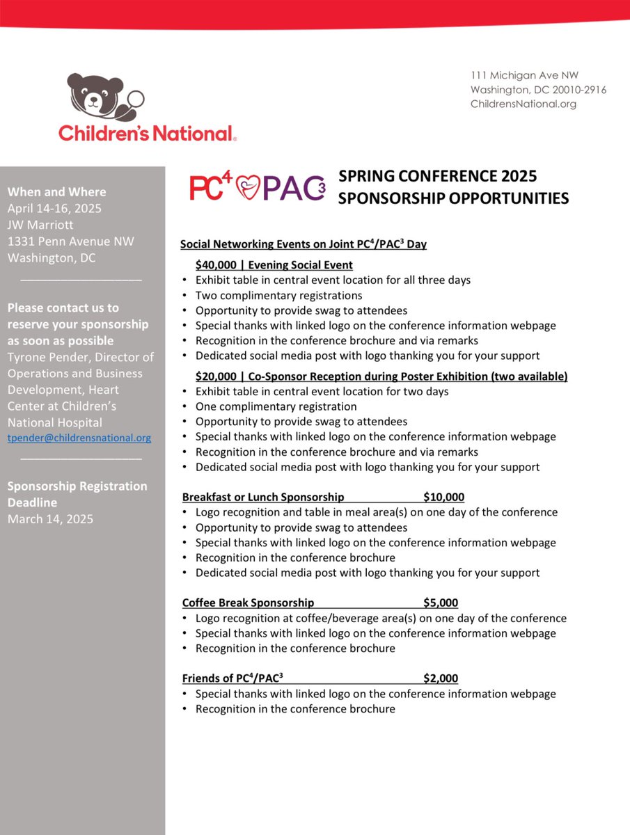 PC4 Pediatric Cardiac Critical Care Consortium (@pc4quality) on Twitter photo Any healthcare industry folks interested in helping sponsor our 2025 #PC4PAC3Conf meeting in DC and reaching hundreds of cardiology and cardiac critical care professionals? Sponsor deadline is 3/14! <a href="/ChildrensNatl/">Children's National Hospital 🏥</a> <a href="/pac3quality/">PAC3quality</a> #PedsCards #PedsICU #PedsCICU Any healthcare industry folks interested in helping sponsor our 2025 #PC4PAC3Conf meeting in DC and reaching hundreds of cardiology and cardiac critical care professionals? Sponsor deadline is 3/14! <a href="/ChildrensNatl/">Children's National Hospital 🏥</a> <a href="/pac3quality/">PAC3quality</a> #PedsCards #PedsICU #PedsCICU