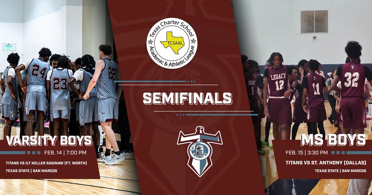The stage is set! .. TCSAAL State Basketball Tournament 

Semifinal games
📅 Fri., 2/14 
Varsity Boys 🆚️ ILT Keller Saginaw 
⏰️ 7:00 PM
<a href="/CatoRahsaan/">Coach Rahsaan Cato</a>
--------
📅 Sat., 2/15 
MS Boys 🆚️ St. Anthony 
⏰️ 3:30 PM
<a href="/CoachHicksHoops/">Coach Hicks</a>

#WeComing to #FinishTheMission 
#BringItHome🏆