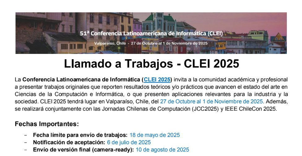 Primer Llamado a trabajos CLEI 2025. Fecha límite para envío de trabajos: 18 de mayo de 2025. clei.org/2025/02/10/lla…
