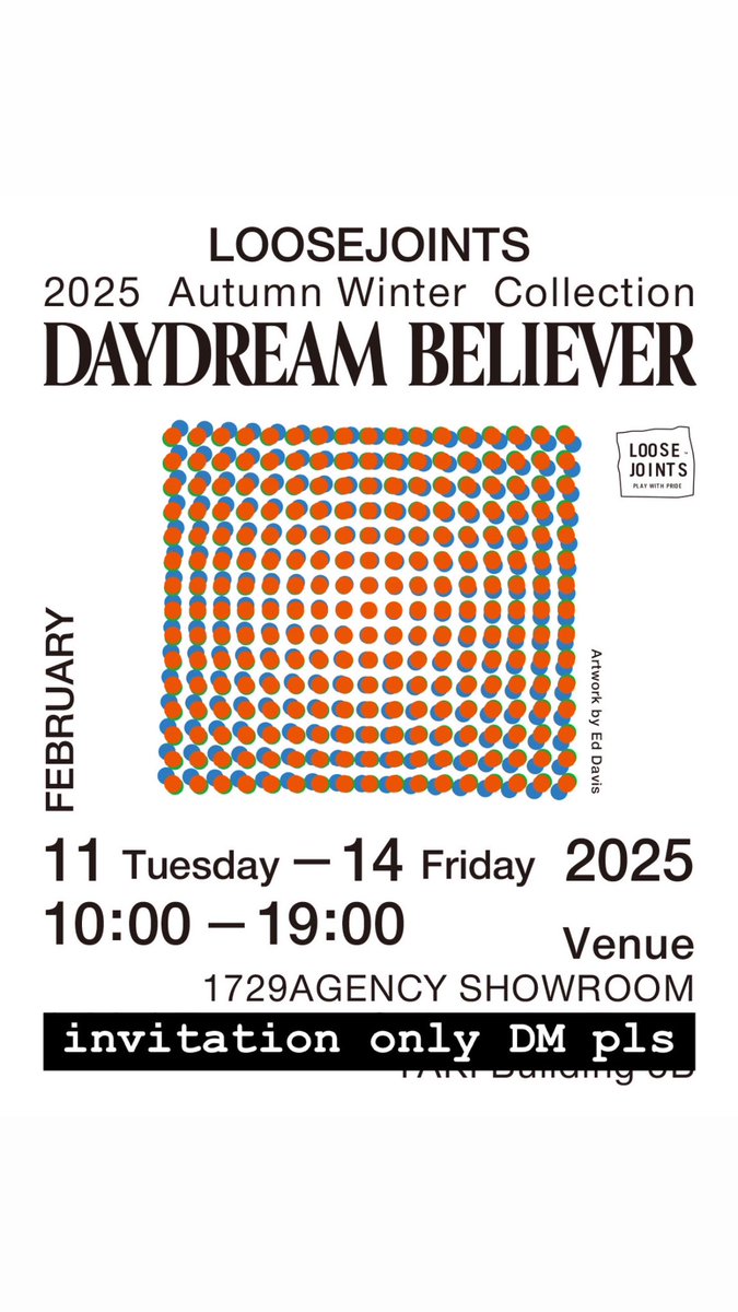 快晴。LOOSEJOINTS 25AW展示会本日より金曜19時まで絶賛開催中。今回も夢心地になるような、素敵なアートワーク満載で、サンプル見ながらニヤニヤが止まらん、たまらんので、関係者各位、友人の皆さま、ぜひご覧いただけたら幸いです。14日金曜日にはSS25が立ち上がります！