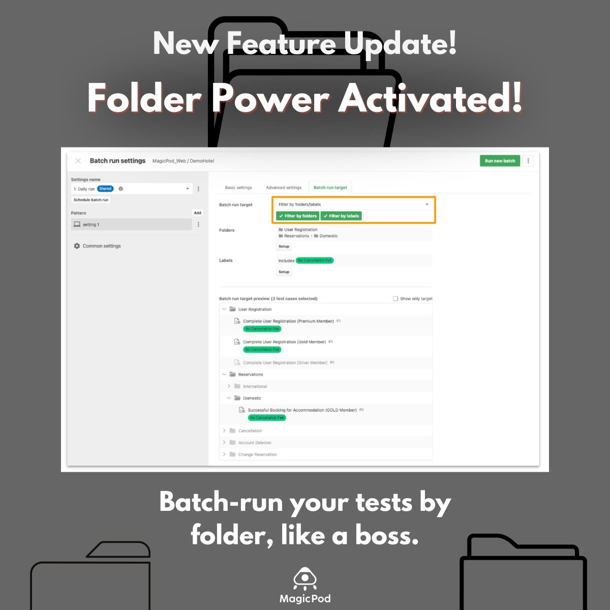 🗂️ Batch execution just got smarter! 🚀

Now you can pick test cases by folder. Yep, no more endless clicking—just select a folder and boom 💥, tests managed like magic. ✨ 

#TestAutomation #DevTools #MagicPod #QAEngineering #TestAutomation