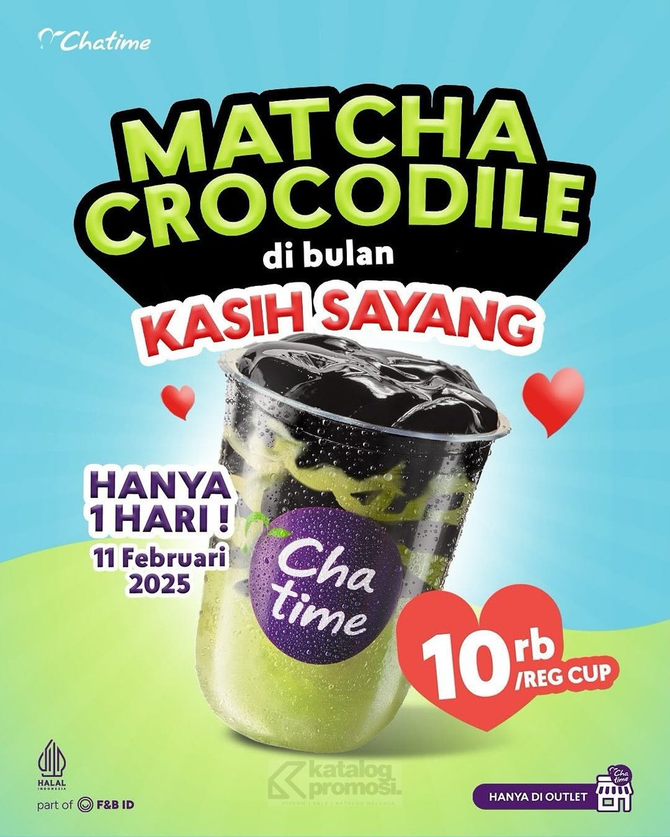 katalogpromosi's tweet image. PROMO 1 HARI SAJA! Nikmatin Matcha Crocodile di Chatime cuma Rp10.000! Hanya di 11 Februari 2025, di seluruh store Chatime. Jangan sampe kelewatan! 🍹💚 

👉 Cek promo lengkap di link berikut: 
katalogpromosi.com/promo-chatime-…

#ChatimePromo #MatchaCrocodile #PromoHanya1Hari