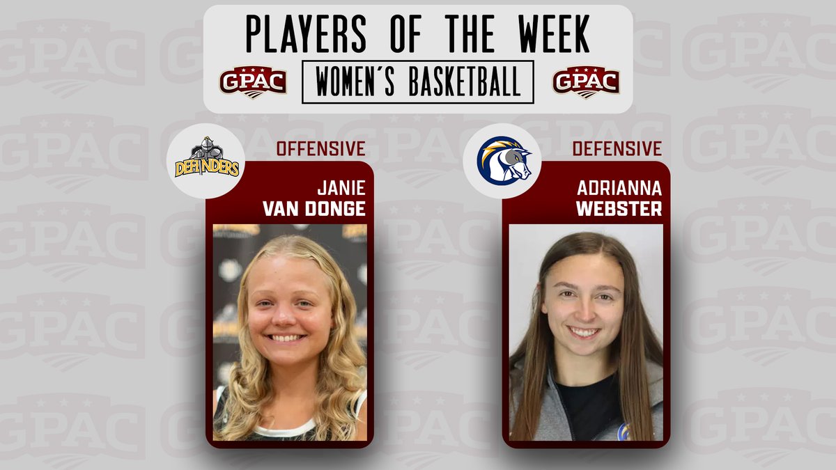 GPACSports's tweet photo. WOMEN'S BASKETBALL: Week 15 Honors - (Offensive) Janie Van Donge of @dordtdefenders  and (Defensive) Adrianna Webster of @bcuchargers.

Complete Release:
 https://t.co/qv79GX7MkL https://t.co/59T3cXxwGS