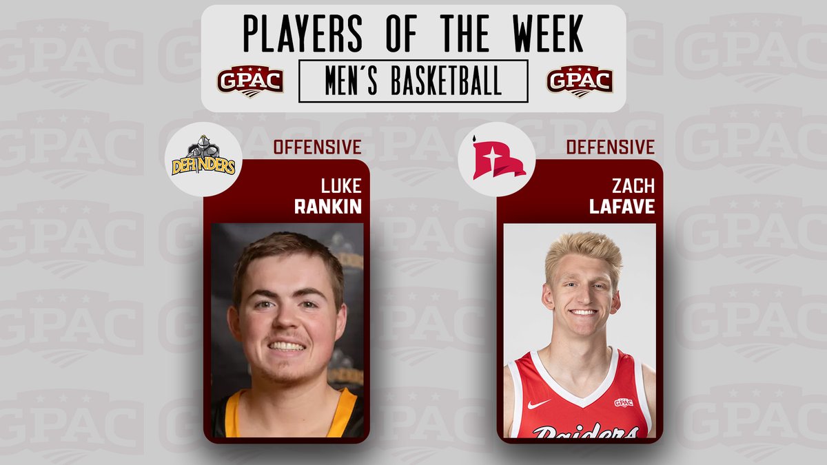 Great Plains Athletic Conference (@gpacsports) on Twitter photo MEN'S BASKETBALL: Week 15 Honors - (Offensive) Luke Rankin of <a href="/dordtdefenders/">Dordt Defender Athletics</a> and (Defensive) Zach LaFave of <a href="/nwcraiders/">NWC Red Raiders</a>.
Complete Release:
tinyurl.com/gpacmbb15 MEN'S BASKETBALL: Week 15 Honors - (Offensive) Luke Rankin of <a href="/dordtdefenders/">Dordt Defender Athletics</a> and (Defensive) Zach LaFave of <a href="/nwcraiders/">NWC Red Raiders</a>.
Complete Release:
tinyurl.com/gpacmbb15