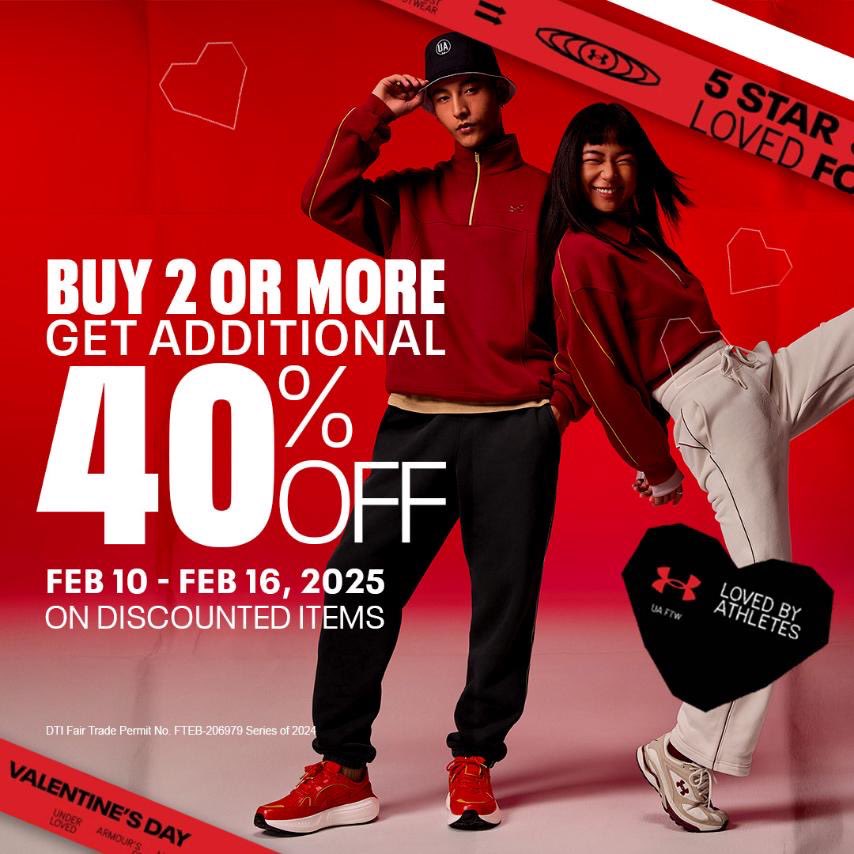 smcity_manila's tweet image. Your favorite Under Armour gear, now at even bigger savings! 

Buy 2 or more discounted items and get an extra 40% off from February 10 to February 16, 2025 at Sports Central at the 3rd Level. Product exclusions apply.

#UnderArmourPH #ProtectThisHouse
#EverythingsHereAtSM