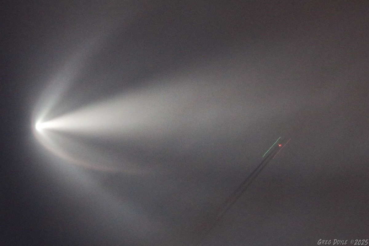 A bit cloudy where I was for tonight's launch.  I believe the red dot is the booster and the two trails are from the fairings.  The shadows are interesting.  Maybe it was still sunny up there.