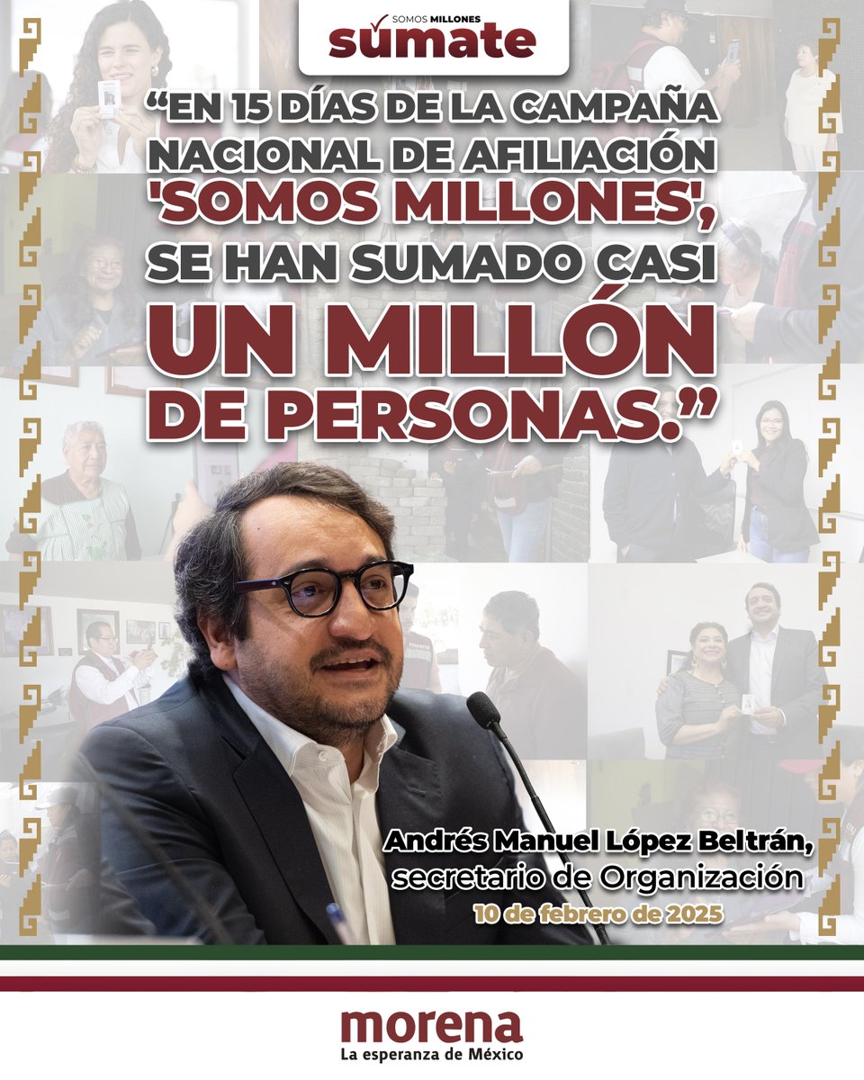 ¡En solo 15 días de la campaña nacional de afiliación y credencialización, estamos por alcanzar el primer millón de afiliadas y afiliados! ✊🏽🇲🇽  

Nuestro Movimiento sigue creciendo con la fuerza del pueblo. Súmate y sé parte de la historia, porque la #4T la construimos juntas y