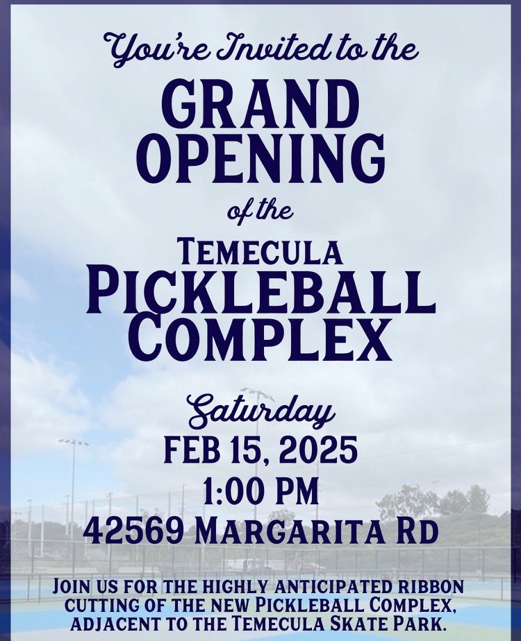 TemeculaPKLBL's tweet photo. Are you ready for some pickleball? 
Grand opening of the Temecula, CA Pickleball complex. Open play to follow. Get ready to dink, dig and smash at the new courts. 

See you at the courts. https://t.co/93G5GNZD7q