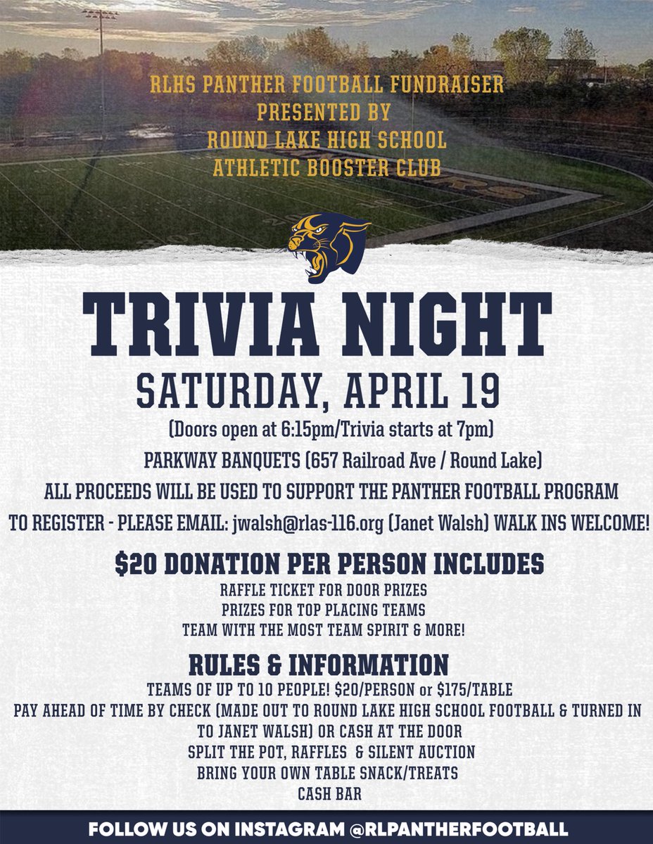 Round Lake Football (@rlhsfb) on Twitter photo BLOCK your calendar as we KICK OFF our trivia night fundraiser for our football program! Join us on Saturday, April 19th.
Please email jwalsh@rlas-116.org to reserve your table today!
#community #trivianight #support #callingpantheralumni BLOCK your calendar as we KICK OFF our trivia night fundraiser for our football program! Join us on Saturday, April 19th.
Please email jwalsh@rlas-116.org to reserve your table today!
#community #trivianight #support #callingpantheralumni