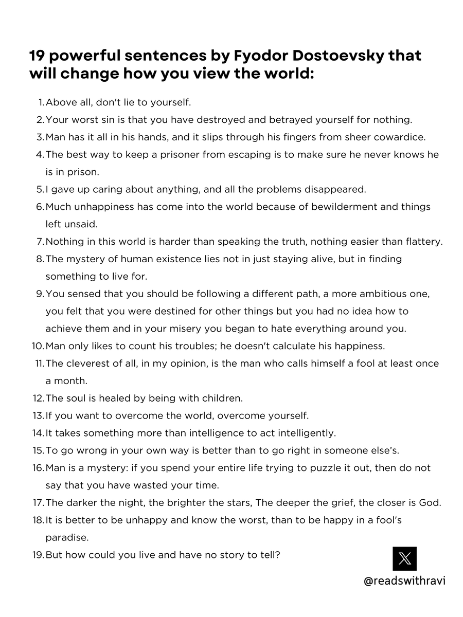 readswithravi's tweet photo. 19 powerful sentences by Fyodor Dostoevsky that will change how you view the world: https://t.co/vGkWcSBxwG