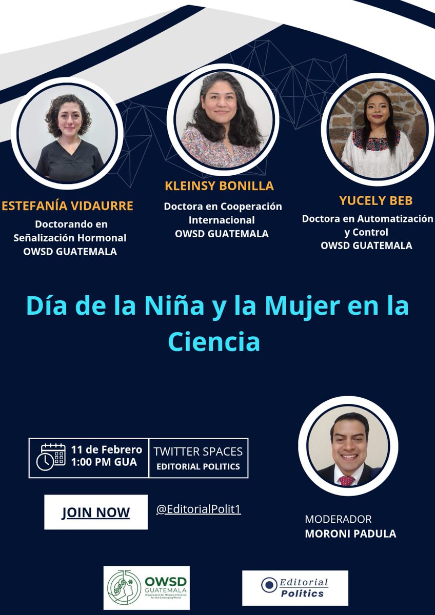 Editorial Politics (@editorialpolit1) on Twitter photo Amigos y amigas los invitamos mañana a que puedan sintonizar este Twitter Space en conmemoración por el día Internacional de la Niña y la Mujer en la Ciencia, hora 1:00 PM. Estará genial 🔥💪💯
<a href="/iiiiMayUiiii/">Yu</a> 
<a href="/Owsd_GT/">OWSD Guatemala</a> 
<a href="/KleinsyBonilla/">Kleinsy Bonilla</a> 
<a href="/MoroniPadula/">Moroni Padula</a> Amigos y amigas los invitamos mañana a que puedan sintonizar este Twitter Space en conmemoración por el día Internacional de la Niña y la Mujer en la Ciencia, hora 1:00 PM. Estará genial 🔥💪💯
<a href="/iiiiMayUiiii/">Yu</a> 
<a href="/Owsd_GT/">OWSD Guatemala</a> 
<a href="/KleinsyBonilla/">Kleinsy Bonilla</a> 
<a href="/MoroniPadula/">Moroni Padula</a>
