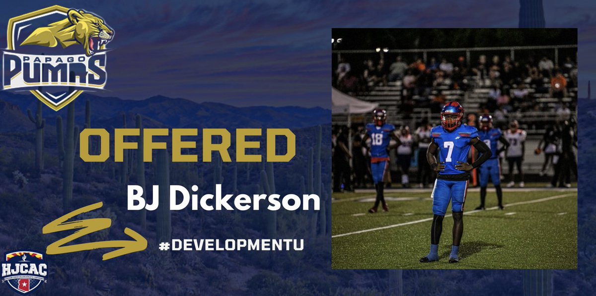 BJ Dickerson (@bjdickerson_7) on Twitter photo AGTG ✝️ After a great conversation with <a href="/jasonbrown230/">Coach Jason Brown</a>, I am blessed to receive an 🅾️ffer from <a href="/PapagoPumas/">Papago Pumas JUCO Football</a>
<a href="/RMQI/">Richard Moncrief</a> <a href="/CoachSaRhonda/">SaRhonda Hawkins</a> <a href="/EaglesCphs/">CPHSFootball</a> <a href="/CoachDickersonB/">Brian Dickerson</a> AGTG ✝️ After a great conversation with <a href="/jasonbrown230/">Coach Jason Brown</a>, I am blessed to receive an 🅾️ffer from <a href="/PapagoPumas/">Papago Pumas JUCO Football</a>
<a href="/RMQI/">Richard Moncrief</a> <a href="/CoachSaRhonda/">SaRhonda Hawkins</a> <a href="/EaglesCphs/">CPHSFootball</a> <a href="/CoachDickersonB/">Brian Dickerson</a>
