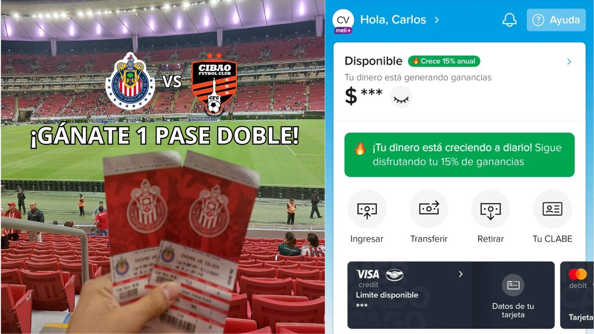 VillasenorC_'s tweet photo. ¡GÁNATE UN PASE DOBLE PARA EL @CHIVAS vs Cibao! 🎟️🎟️
 
1️⃣ Sigue a @MercadoPagoMex y a mí
2️⃣ Dale 🔁 y ❤️
3️⃣ Comenta una captura de tu cuenta de Mercado Pago con saldo 🤑
4️⃣ Arroba a un amig@ y comenta tu pronóstico 🔥

¡SE RIFARÁN 15 PASES DOBLES! 🍀 https://t.co/U5TOTjb6uf