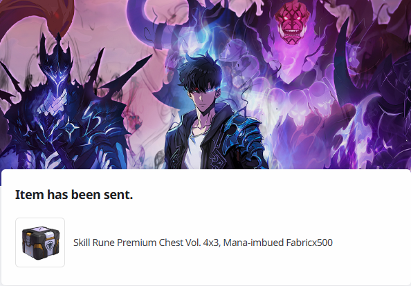 EhheGAME's tweet image. Another S7 new code for "Skill Rune Premium Chest Vol. 4 x 3, Mana-imbued Fabric x500" is sent to every supporter. You can support here (100% free) to not miss any codes: creator.netmarble.com//en/sololv/ran…