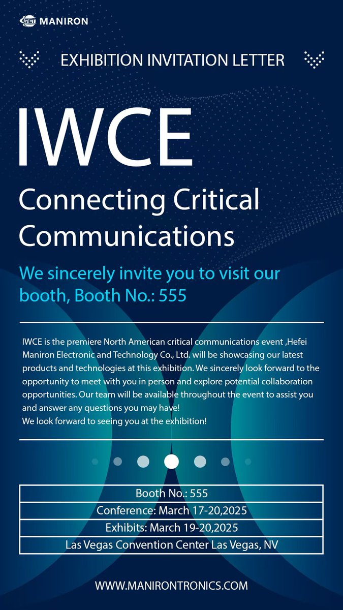 Manironofficial's tweet photo. ๐จ Meet Maniron at IWCE 2025! ๐จ
๐ Booth 555 | Las Vegas Convention Center
๐
March 19-20, 2025
Discover our latest RF solutions and connect with our team!
๐ https://t.co/74jndvc2rc
#IWCE2025 #RFTechnology #Maniron #Telecom https://t.co/C8c8kDfE71