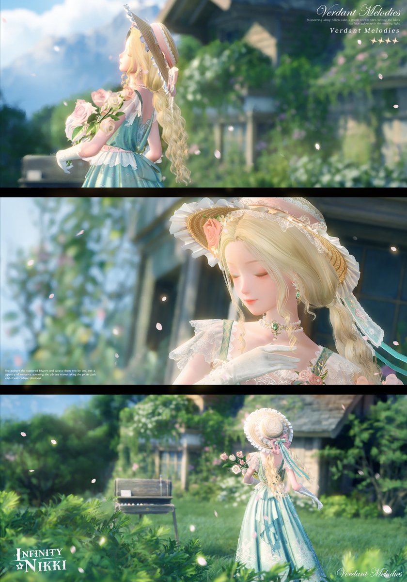 InfinityNikkiEN's tweet image. Whimsical Wardrobe丨Verdant Melodies
&amp;gt;&amp;gt;Main Attribute: Fresh

Wandering along Silken Lake, a gentle breeze stirs, setting the lake's surface aglow with shimmering light.
She gathers the scattered flowers and weave them, one by one, into a tapestry of romance, adorning the vibrant…