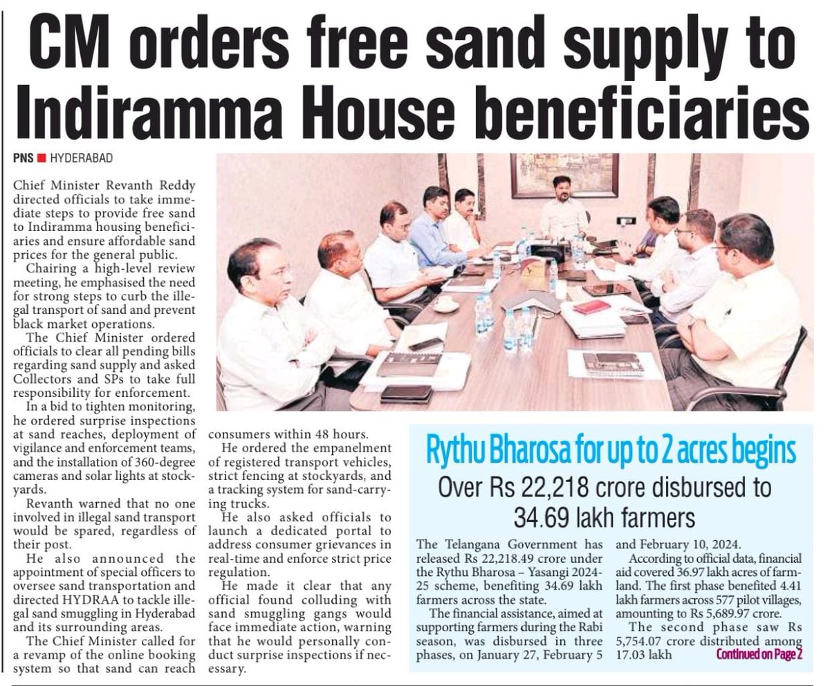CmRevanth48787's tweet photo. * @revanth_anumula announces that the state will provide #freesand for #Indirammahouses.
* @revanth_anumula instructs officials to take strict action against those involved in sand smuggling.
#Telangana #TelanganaRising #prajapalana #telanganaprajaprabhutwam #TelanganaCongress https://t.co/v9DLwm1cEa
