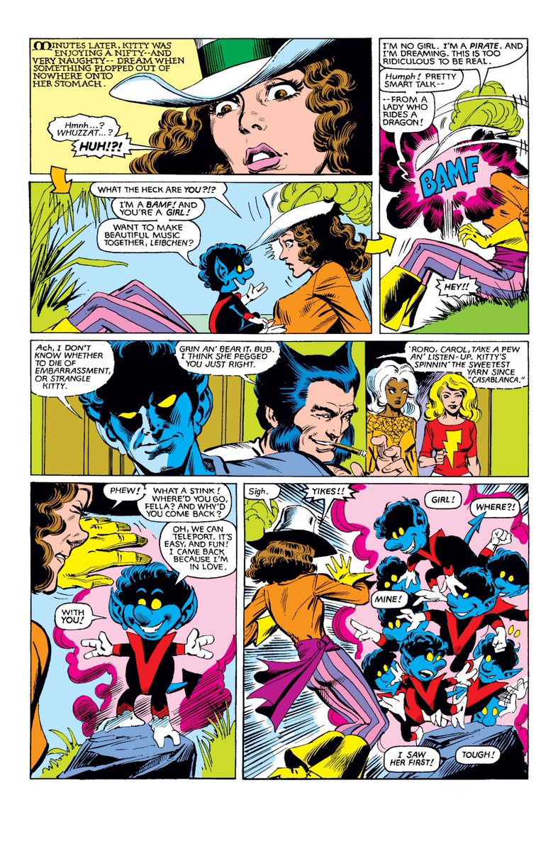 balvog's tweet image. X-Men #153 (1963)
As the X-Men clean up the damage the Hellfire Club caused to the X-Mansion, Kitty tells Illyana Rasputin a bedtime story.
Kitty as a pirate, Bamfs, Lockhead, and a “happy ending” to the Dark Phoenix Saga.
Fun little issue.