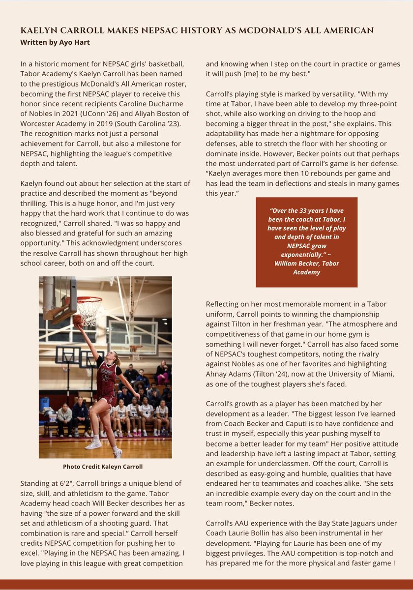 NEPSGBA Insider Issue 11 is up with a feature article on NEPSAC's newest McDonald's All American Kaelyn Carroll (Tabor '25), the Dana Hall "Fab Five", the most recent conference standings, and a recap of some of last week's games.